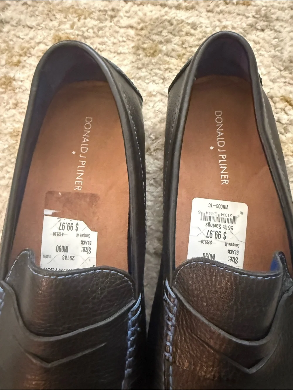 Donald J. Pliner Black Leather Penny Loafers with Blue Stitching